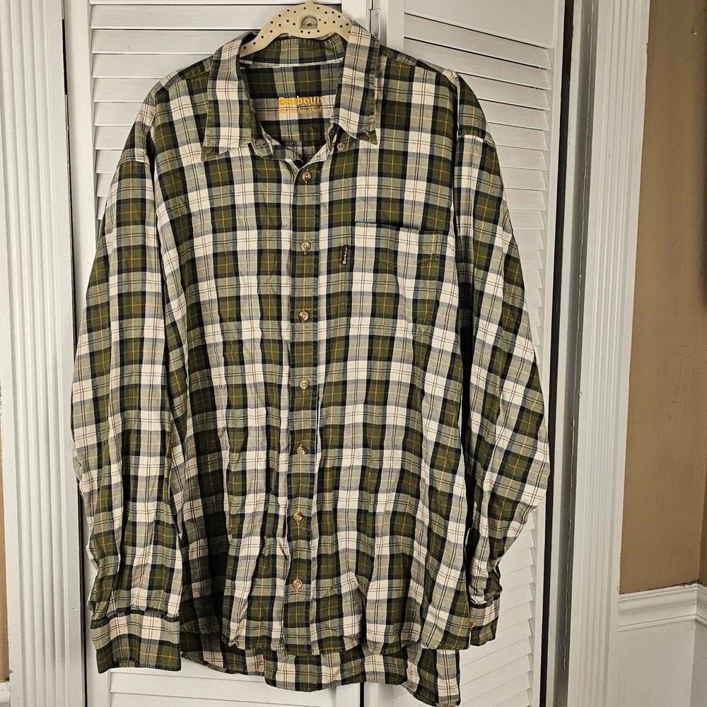 Barbour Mens Green Plaid Tartan Long Sleeve Button Down Shirt XL